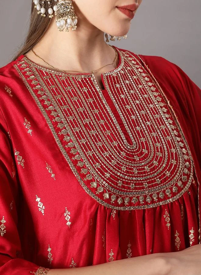 Globus  Women Red Yoke Design Gold Foil Kurta with Pant and Dupatta Set for Women | Best Price UAE